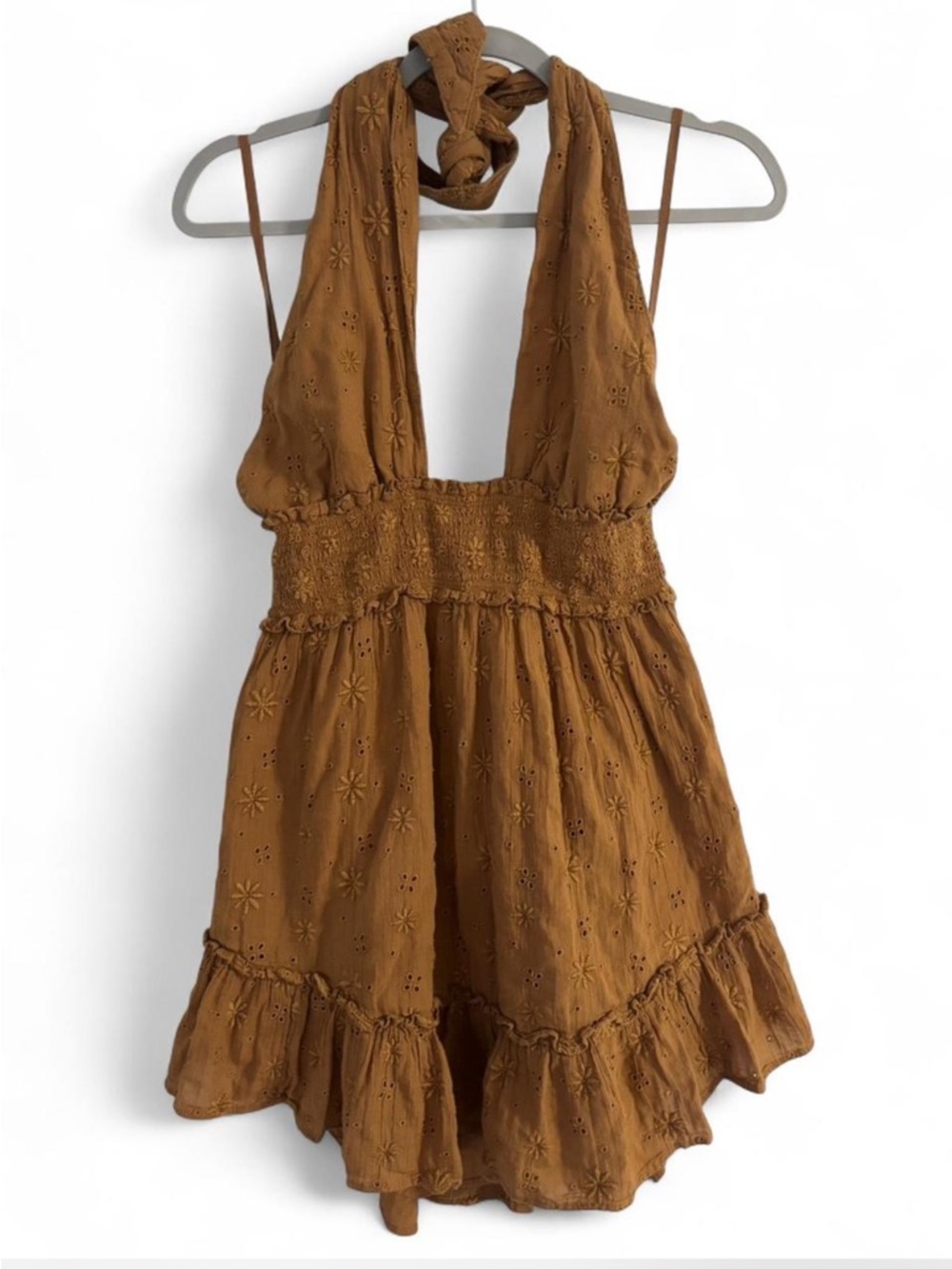 aerie Caramel Brown Eyelet Halter Romper